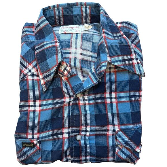 Vintage 60s Wrangler Pearl Snap Flannel Red Plaid Dagger Pt Collar 17x33 Large - Picture 1 of 6